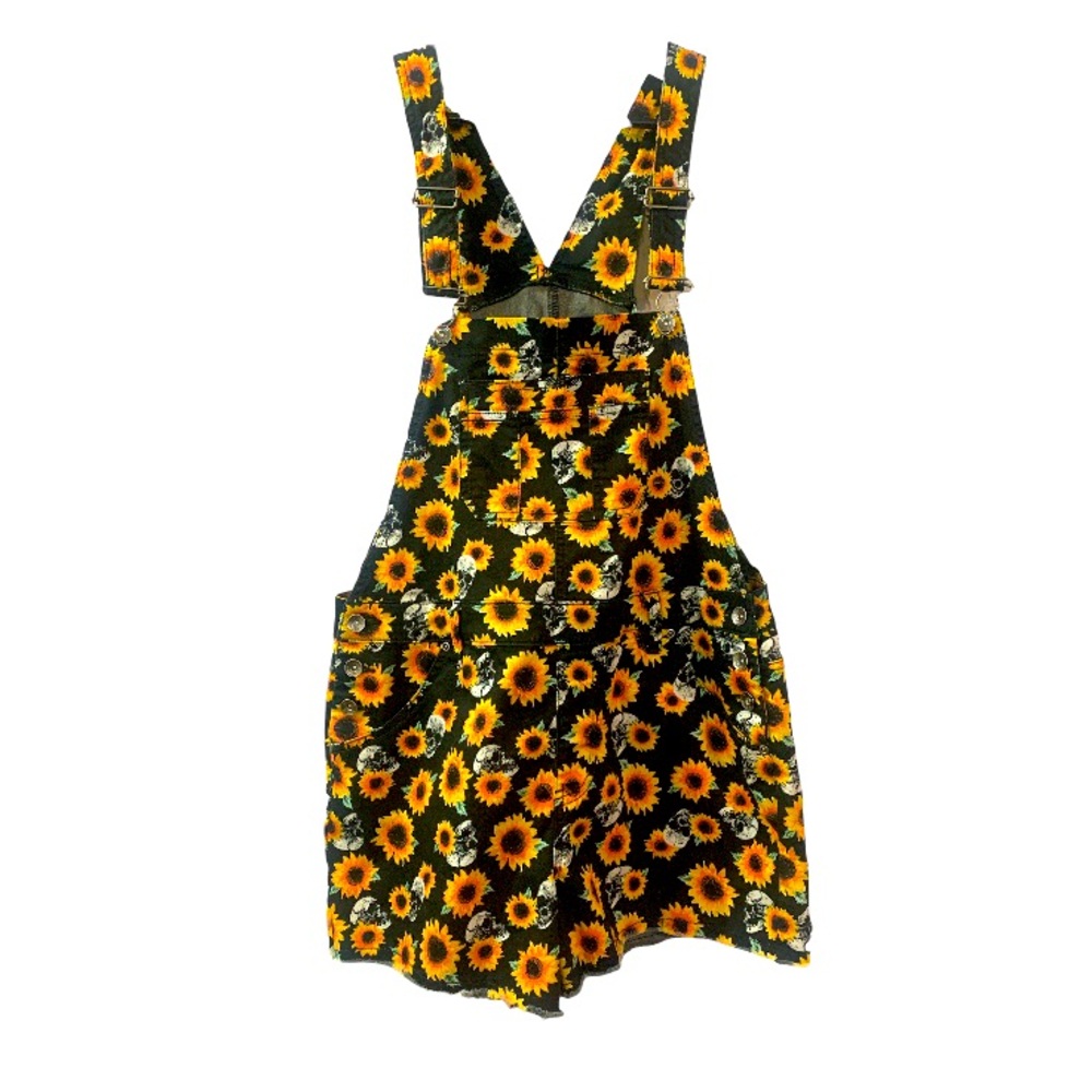 Hot Topic Black Sunflower and Skull Print Short Overalls